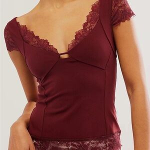 Free People Burgundy Better Not Lace Top